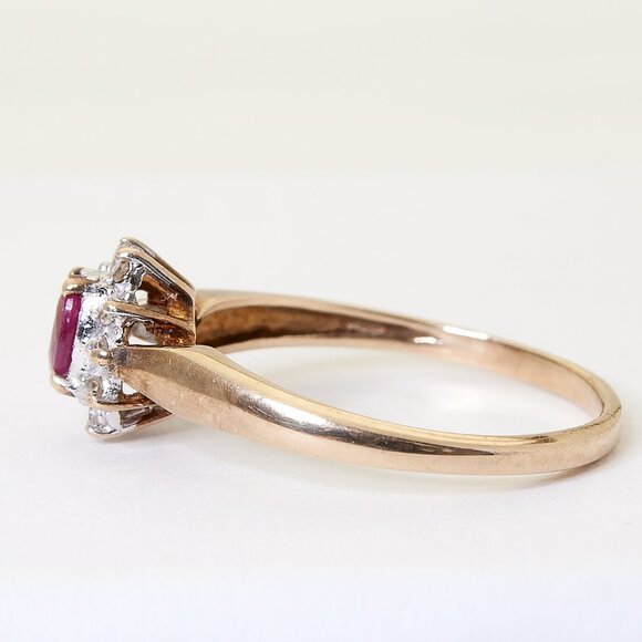 10K Gold Natural Red Ruby and Diamond Halo Ring - Elegant Vintage Jewelry, Sz 7 - Picture 6 of 8